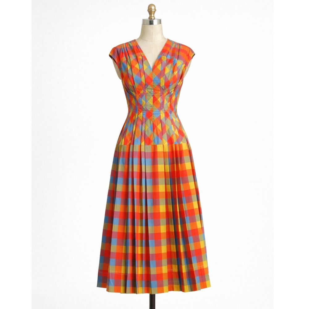 Tory Burch Multicolor Plaid Clare McCardle Pleated Corset Waist Midi Dress